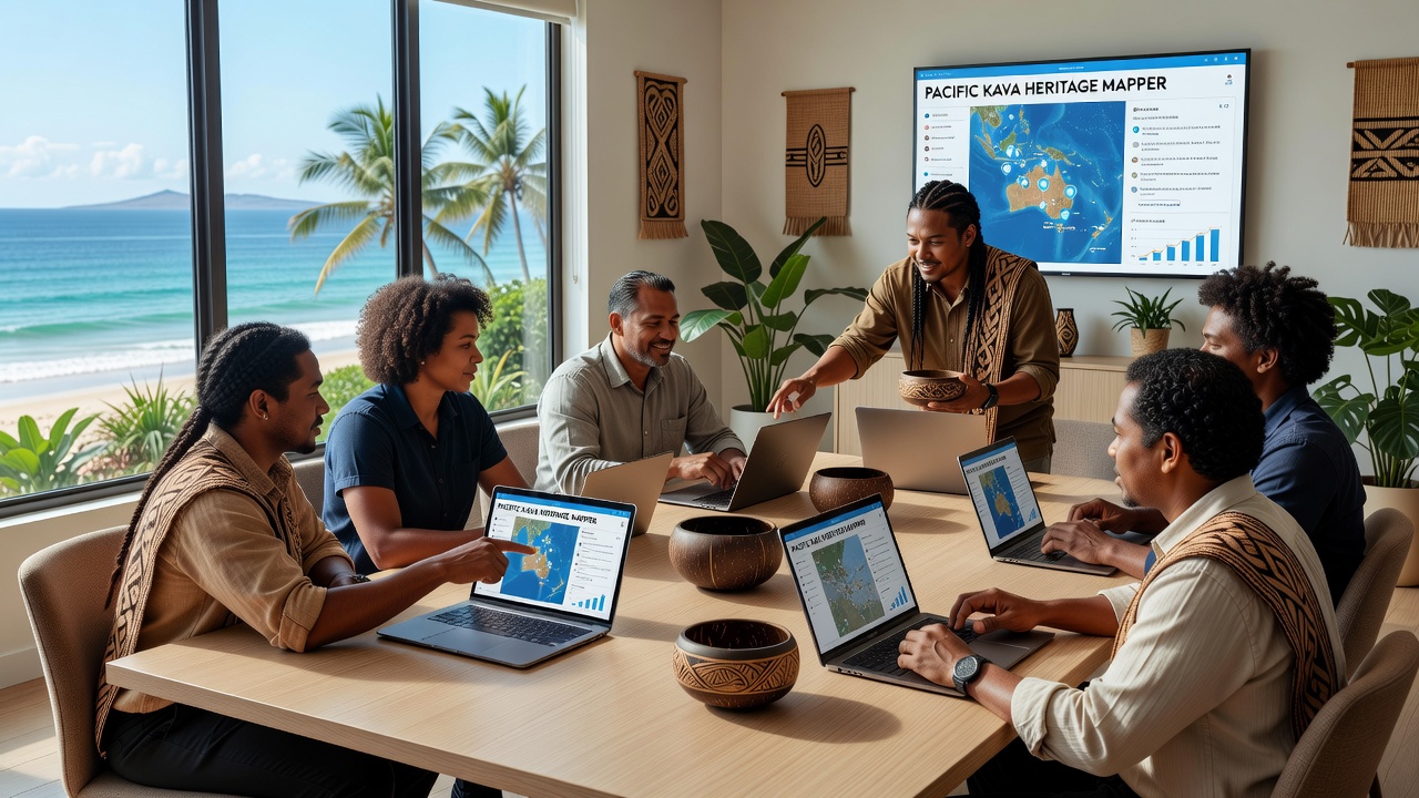 Group of Pacific Islanders reviewing a shared digital heritage map on tablets during a community workshop