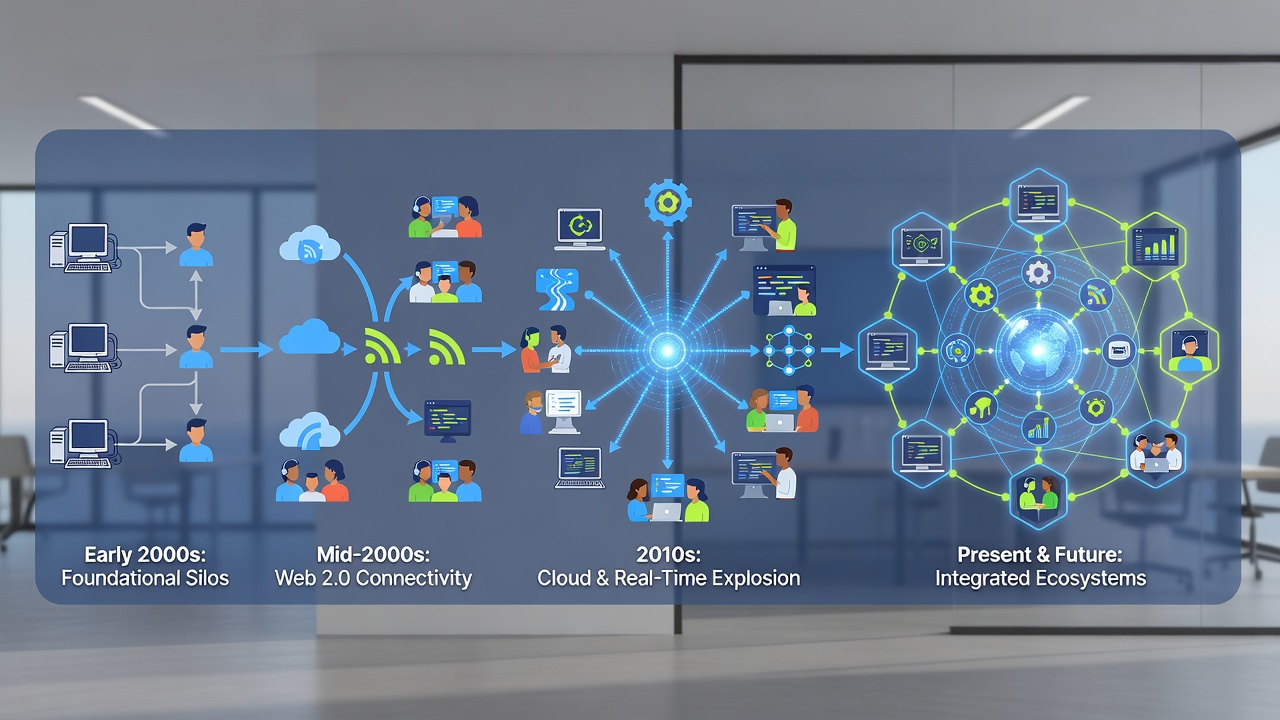 Modern collaborative workspace interface displaying shared dashboards, chat overlays, and integration panels for remote teams